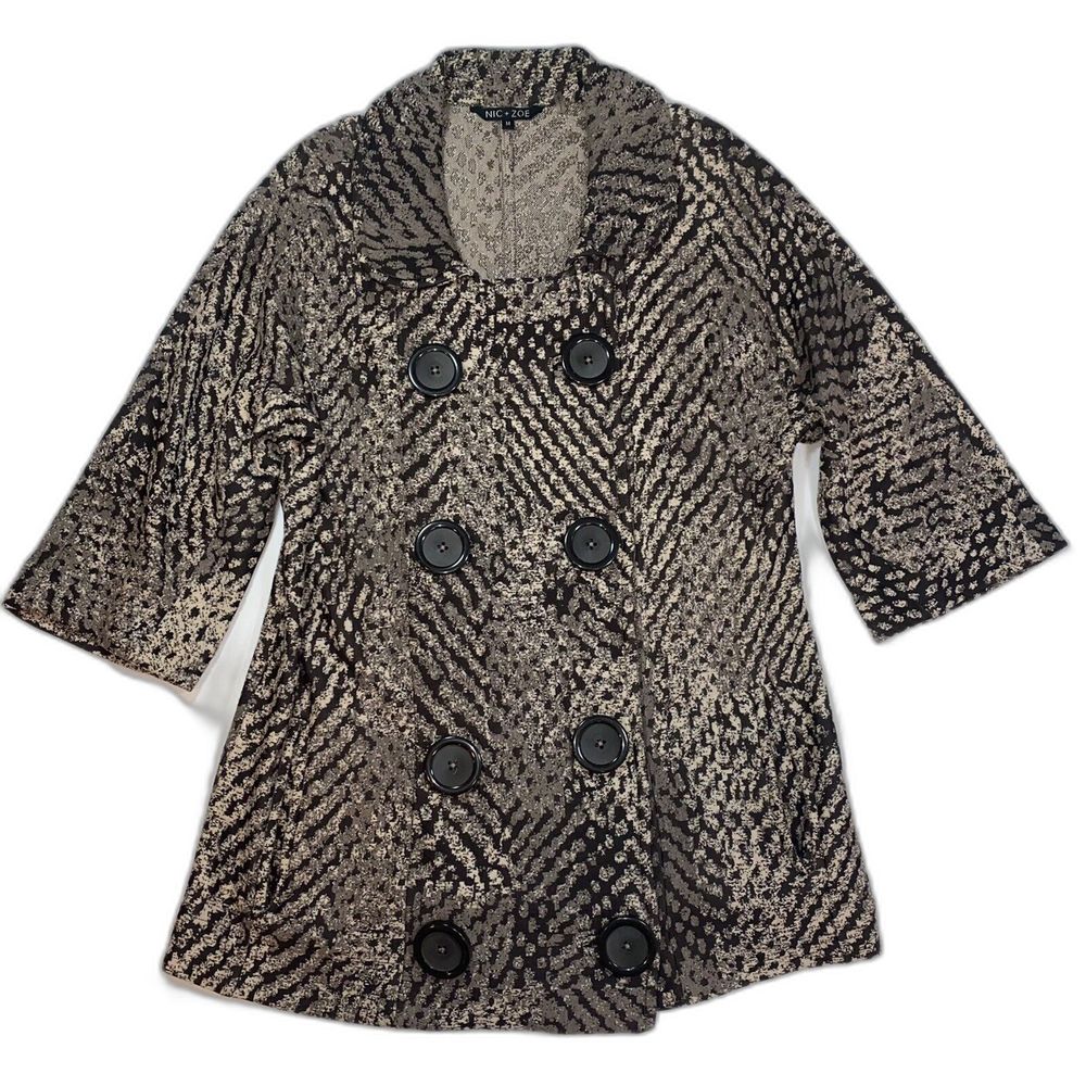 Nic & Zoe Medium Brown Snake Print 3/4 Sleeve Knit Jacket Blazer Big Buttons